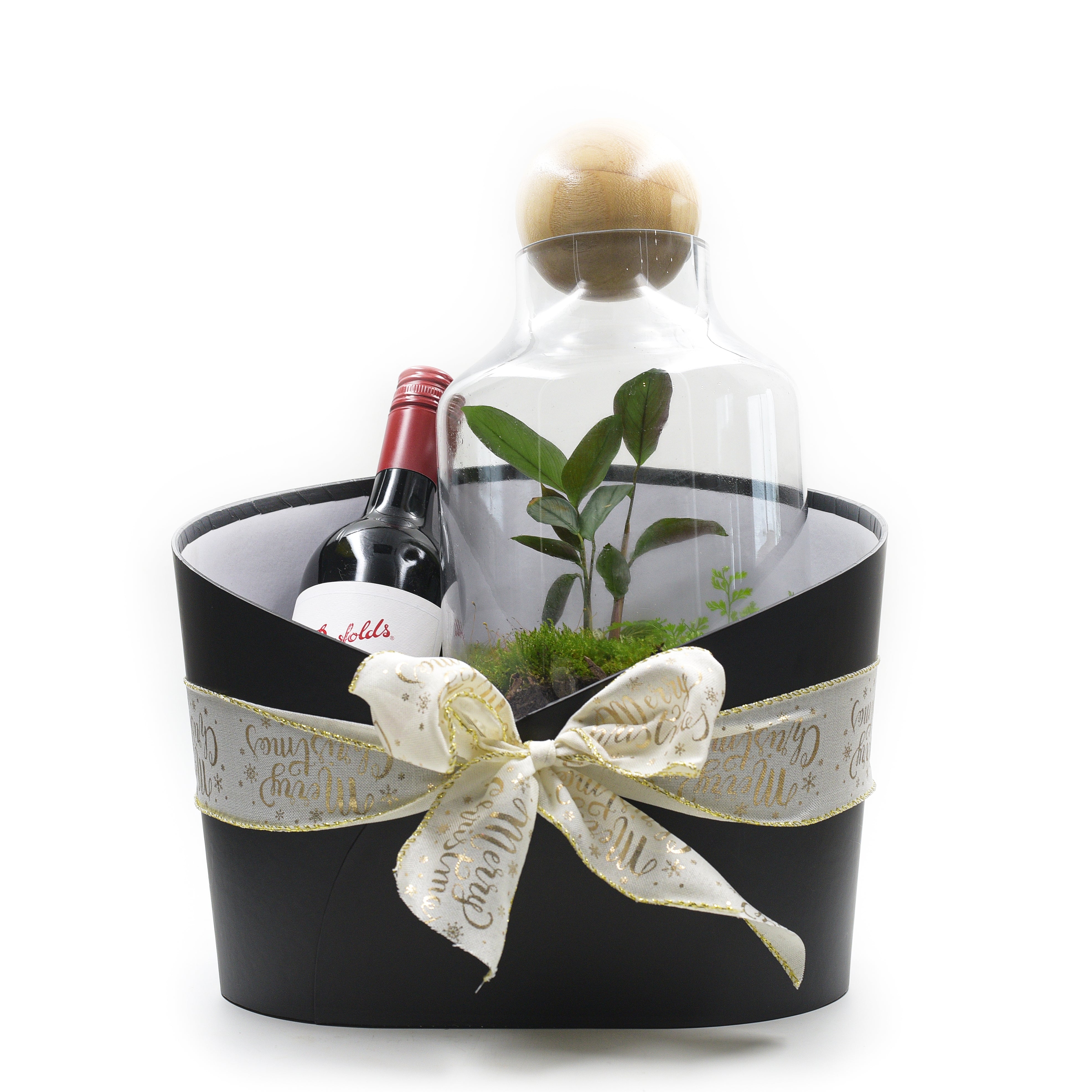 Terrarium, Candle and Wine Gift Basket