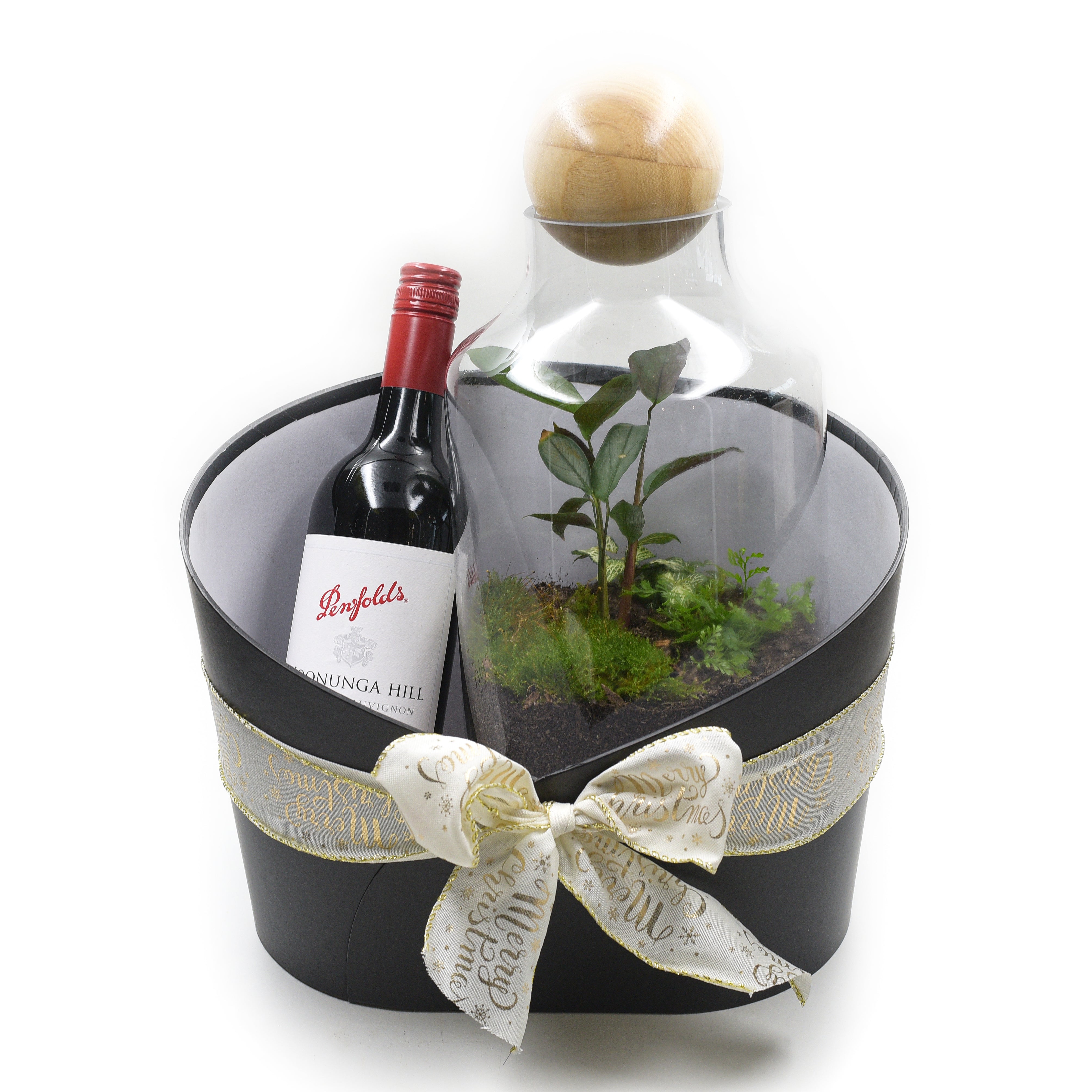 Terrarium, Candle and Wine Gift Basket