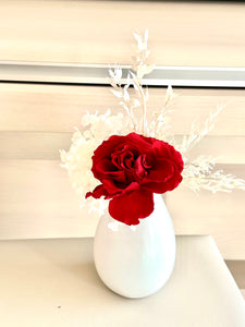 Small preserved red rose in a white slim vase